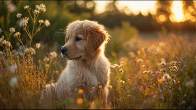 Adorable Golden Retriever Puppy Sitting in a Wildflower Meadow at Golden Hour with Warm Sunset Bokeh