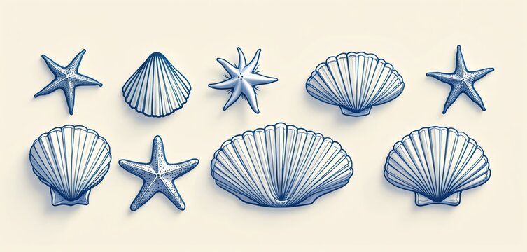Marine life illustration displays various seashells, starfish. Blue outline minimalist art shows different shell types, sea stars. Ocean creatures design elements perfect for beach summer theme