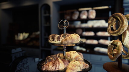 Warm pastries including flaky croissants and soft pretzels sit on an elegant stand in a charming bakery. Fresh bread lines the shelves, creating a welcoming atmosphere for customers.