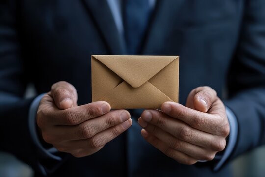 Businessman presenting an envelope while engaging in professional communication in an office setting during the day