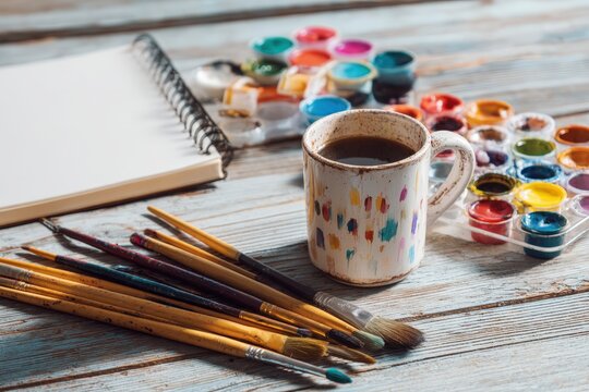 Creative workspace with coffee, paint, and sketchbook on wooden table