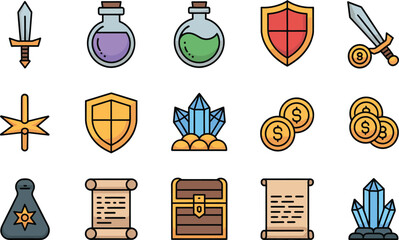 Game items icons: sword, potion, shield, treasure chest, coins and gems