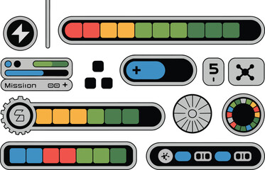 Collection of futuristic game interface elements and progress bars