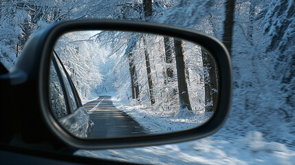A charming winter scene unfolds in the side mirror, reflecting a snow-covered road surrounded by tall, frosted trees. The cold air hints at a peaceful drive through the serene landscape