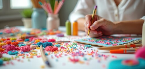 Woman hand makes colorful mosaic using tiny beads, special tool. Artist creates handmade art in bright workshop. Desk covered with vibrant supplies for creative DIY project, relaxing hobby at home