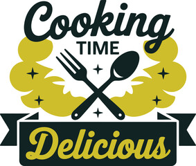 Iconic cooking time delicious fork spoon emblem for food