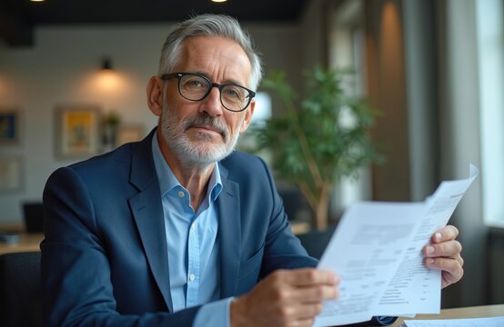 Mature man in blue suit reviews documents in modern office. He wears glasses and has gray hair. The businessman looks thoughtful at papers on his desk, preparing for a meeting.