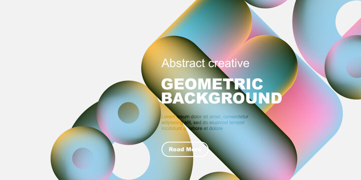 Abstract shapes overlap, creating vibrant geometric background. Text includes geometric background, plus sample lorem ipsum text. Button reads read more.