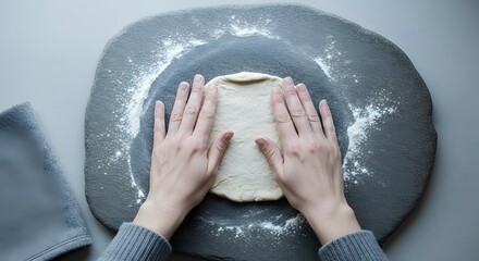 Hands kneading and shaping raw dough on a floured surface