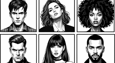 Six black and white portrait illustrations of diverse men and women in a grid layout