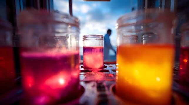 Colorful science experiments in jars aboard a vessel with a scientist in the background - Powered by Adobe
