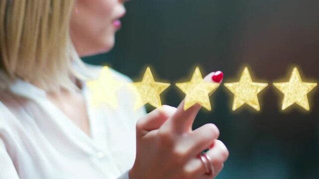 Woman gives five star review online, customer hand touching virtual glowing rating stars on digital screen, excellent client satisfaction and positive feedback concept, online business reputation mana