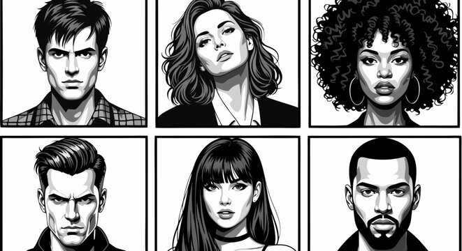 Six black and white portrait illustrations of diverse men and women in a grid layout