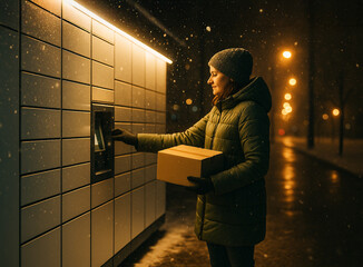Woman using touch screen parcel locker in snowy night street. Online shopping and fast delivery concept.