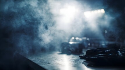 Obraz premium Atmospheric industrial studio with smoke gloves and dramatic lighting