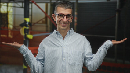Man smiling with open arms at an outdoor construction site, wearing glasses and a striped shirt,...