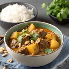 Rich Thai Massaman curry with potatoes, peanuts, and beef or chicken, coconut milk