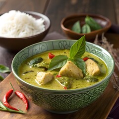Thai green curry with chicken, eggplant, and basil in coconut milk