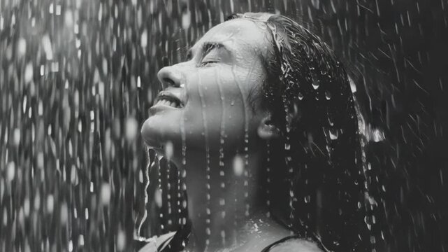 Woman enjoying refreshing rain on face, black and white portrait of female standing under water droplets, serene emotion of happiness freedom and mindfulness, beauty wellness and nature connection con