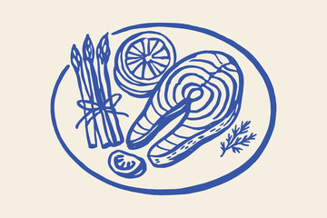 Salmon steak with asparagus, naive sketch vector illustration