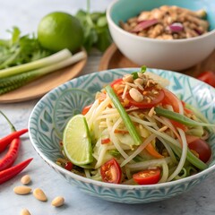 Fresh Thai Som Tum Green Papaya Salad with Chili, Lime, and Peanuts, Authentic Spicy Street Food Close-Up
