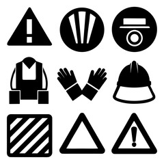 Construction Safety Icons — Warning Sign, Glove, Barrier, Safety Vest.