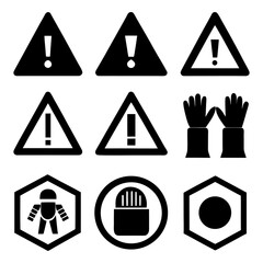 Safety Gear Icons — Barrier, Glove, Safety Vest, Warning Symbol.