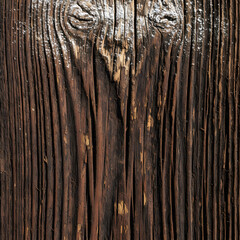 Fototapeta premium Wood texture, Dark wood, Aged wood, Weathered, Grain, Rustic, Vintage, Grunge, Timber, Plank, Brown, Organic texture, Knots, Cracked wood, Vertical lines, Fiber, Hardwood, Close-up, Background, Abstra