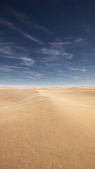 Golden sand dunes roll across the horizon under a bright blue sky. The sun shines intensely, casting soft shadows on the undulating terrain. A serene, isolated atmosphere prevails.