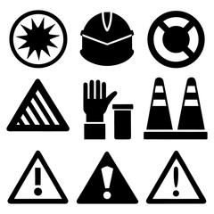 Warning Sign, Glove, Safety Vest, and Barrier Icon on White Background.