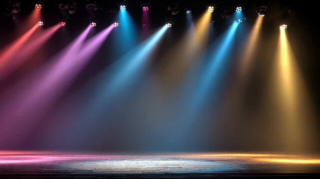 Empty stage with colorful spotlights, wooden floor, and hazy, dark atmosphere