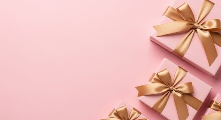Gifts of Elegance: Exquisite, blush-pink gift boxes, adorned with lustrous gold ribbons, are arranged artfully against a soft pink backdrop, inviting thoughts of celebration and cherished moments.