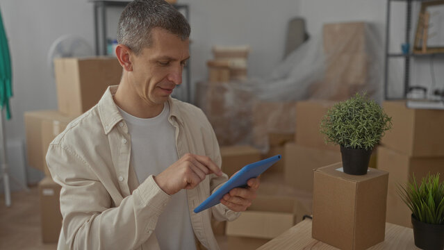 Caucasian man using tablet indoors surrounded by unpacked moving boxes and plants in living room of new home, showcasing transition into cozy apartment life.
