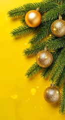 Festive Evergreen Branches with Gold Christmas Ornaments on Vibrant Yellow Background Highlighting Holiday Cheer and Seasonal Elegance
