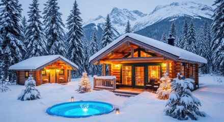 Fototapeta premium Winter Lodge in Snowy Serenity: Illuminated cabins nestled amidst snow-covered evergreen trees, mountains, and a peaceful pool in a serene winter landscape. Evoking a sense of warmth, peace.