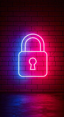 Neon Padlock Illustration in Pink and Blue Glowing Against Dark Brick Wall Highlighting Cybersecurity and Modern Protection Themes
