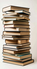Tall Stack of Hardcover Books in Varied Sizes and Colors Arranged in Leaning Pile Against Neutral Background Highlighting Study and Collection Themes
