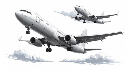 Obraz premium Two airliners in flight, one larger in the foreground, descending through clouds, against a white background. The illustration is detailed, showing engines and landing gear