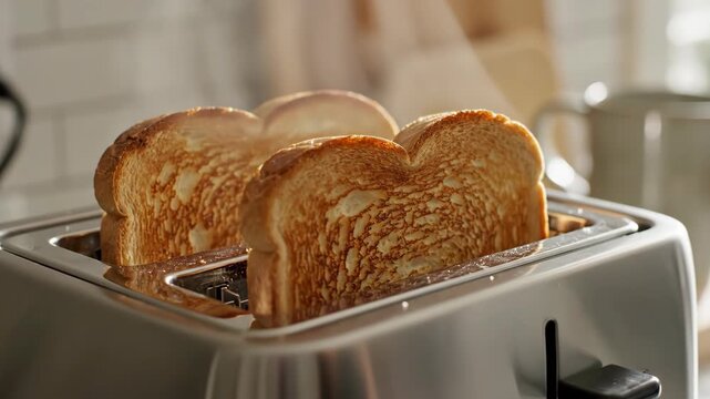 Toasted bread slices pop out of a modern silver toaster, ready for breakfast. Fresh, warm food preparation for a wholesome morning meal footage.