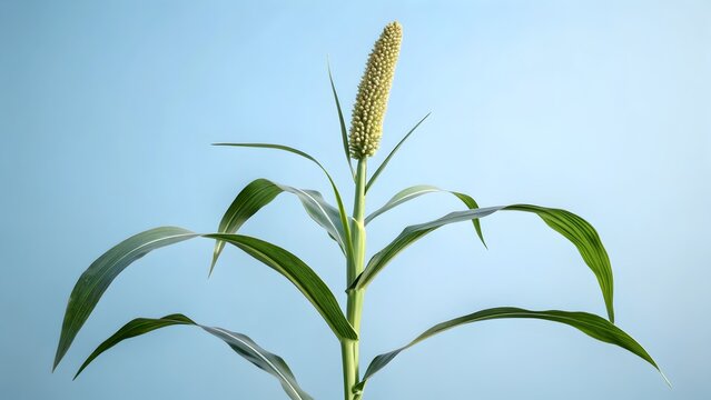Pearl Millet Plant &ndash; Pennisetum glaucum Single Plant with Cylindrical Seed Head on Blue Background