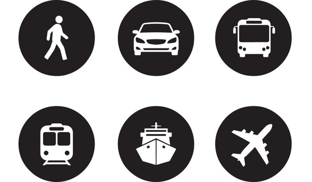 Transportation icons set featuring pedestrian car bus train ship and airplane silhouette on transparent background