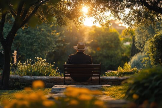 Old man sitting peacefully in a garden at sunset surrounded by lush greenery and vibrant flowers