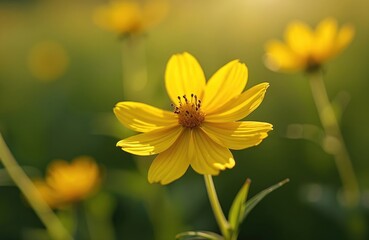 Obraz premium Close up photo shows bright yellow flower blossoming. The flower against a blurred green backdrop. Sunlight softly illuminates the petals. Nature beauty and flora are captured.