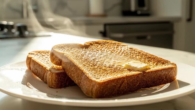 Hot, steamy slice of toast with melting butter on a white plate. Quick and easy breakfast meal. Freshly made morning food footage.