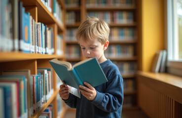 Blond boy reads book in library. Child explores literature in bookstore. Kid studies in classroom. Education and knowledge concept. Preschooler reads textbook near bookshelves.