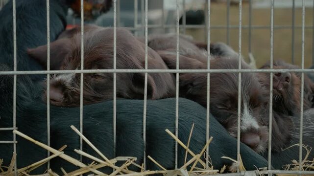 Dogs are seen resting in cramped cages at an animal market. This setting raises awareness about the importance of animal adoption and responsible caring.