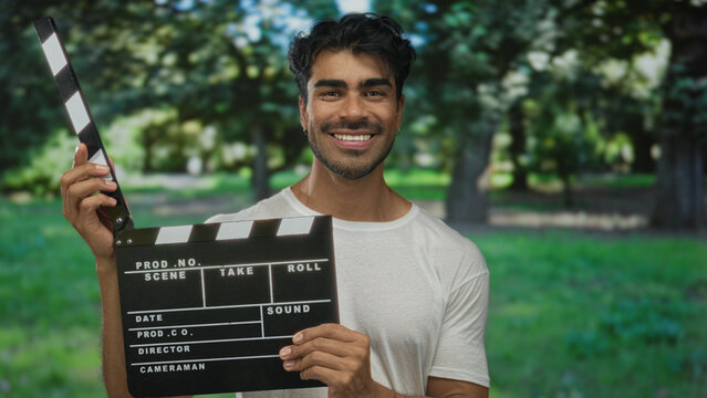 Man smiling broadly while holding clapboard and lifting clapper stick in forest under green foliage; joy.