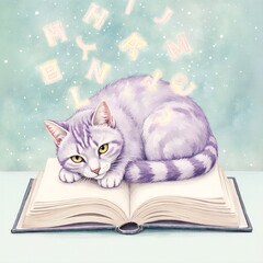 A grey cat lies peacefully on a large open book. Colorful letters float in the air around them in a magical blue background, creating a whimsical atmosphere.
