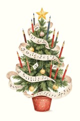 A cheerful Christmas tree adorned with musical scores and colorful ornaments stands proudly. Below, several neatly wrapped gifts await excited recipients during the holiday season.