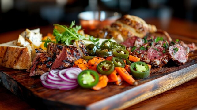 A wooden platter filled with grilled meats, sliced vegetables, and bread. Includes jalapeños, carrots, red onions, and fresh greens.
